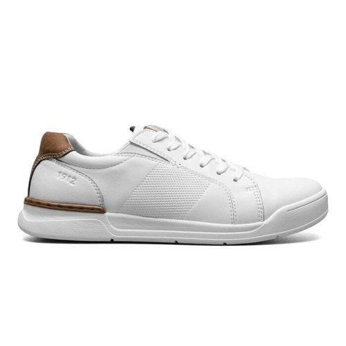 A white, low-top sneaker with a brown accent on the heel, the NUNN BUSH KORE TOUR 2.0 LACE OXFORD WHITE - MENS by Nunn Bush features KORE technology for enhanced comfort and a versatile lace-up closure perfect for dress/casual occasions.