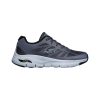 Introducing the SKECHERS ARCH FIT CHARGE BACK CHARCOAL/BLACK - MENS, featuring a grey and black men's athletic shoe with a thick white sole, Skechers Arch Fit technology, and a removable insole for enhanced comfort.