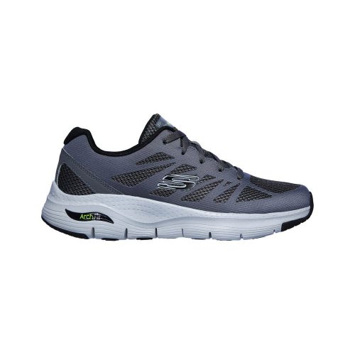 Introducing the SKECHERS ARCH FIT CHARGE BACK CHARCOAL/BLACK - MENS, featuring a grey and black men's athletic shoe with a thick white sole, Skechers Arch Fit technology, and a removable insole for enhanced comfort.