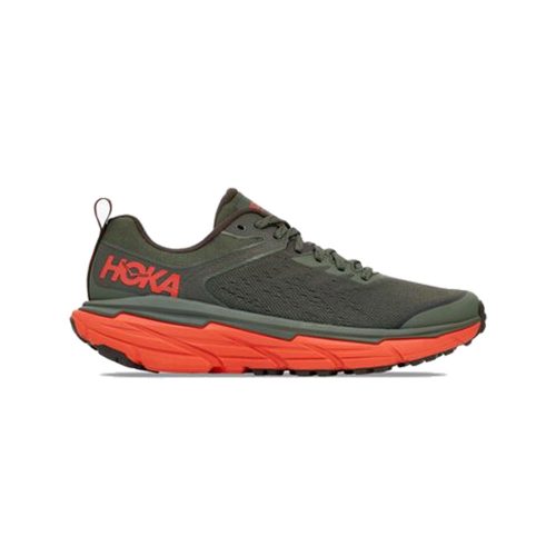 A green and orange HOKA CHALLENGER ATR 6 THYME/FIESTA - MENS, featuring a cushioned sole and lace-up design with midsole geometry for enhanced comfort, is shown from the side on a white background.