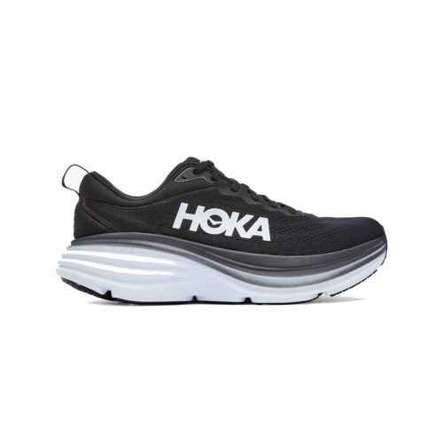 A HOKA BONDI 8 BLACK/WHITE - MENS with a thick white sole and the brand name "Hoka" printed in large white letters on the side, featuring ultra-cushioned shoes for optimal foot health.