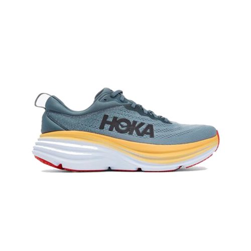 A side view of a gray athletic running shoe with a white and yellow sole, featuring the word "HOKA" in black on the side. The extended heel geometry and softer lighter foams enhance comfort and performance, making these ultra-cushioned Hoka HOKA BONDI 8 GOBLIN BLUE/MOUNTAIN SPRING - MENS perfect for any running enthusiast.