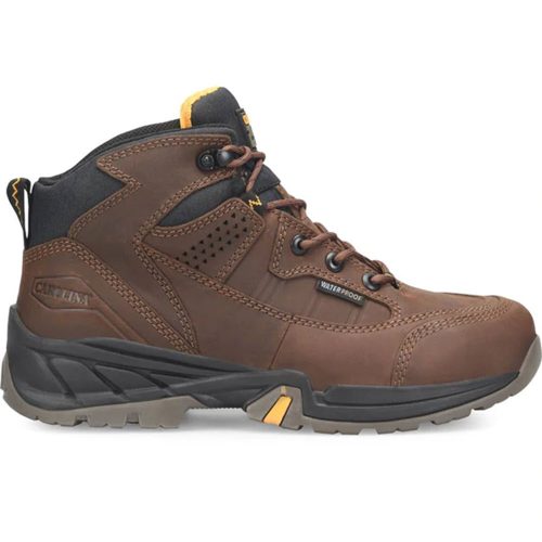 A durable, brown Carolina CAROLINA STEEL TOE BUILDER BROWN CA4501 - MENS waterproof hiking boot with black and yellow accents, featuring a rugged sole and lace-up closure for ultimate comfort.