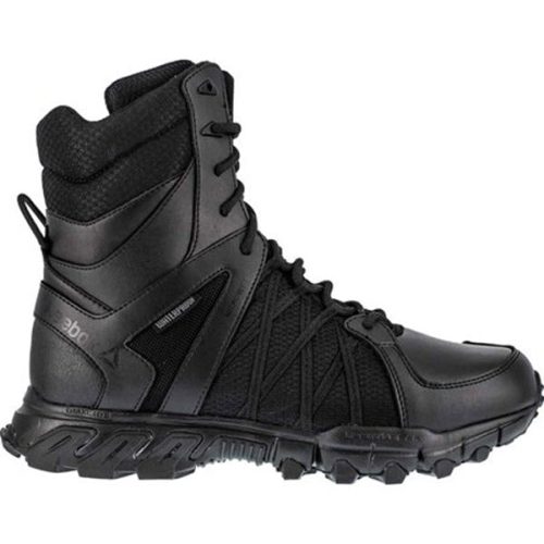 A REEBOK WORK TRAIL GRIP TACTICAL ZIP BOOT BLACK - MENS with a high ankle, lace-up closure, YKK side zipper, and textured sole designed for durability.