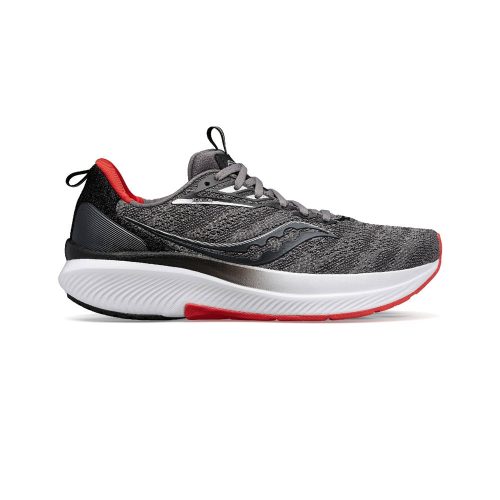 A Saucony gray athletic running shoe with a white and red sole, black and red accents, gray laces, and max cushioning for enhanced comfort. The product name is SAUCONY ECHELON 9 CHARCOAL/RED SKY - MENS.