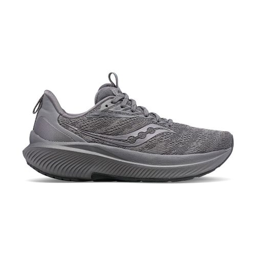 A side view of the grey Saucony SAUCONY ECHELON 9 ASPHALT - MENS athletic running shoe with a textured knit upper and a thick, cushioned sole designed for a stable ride.