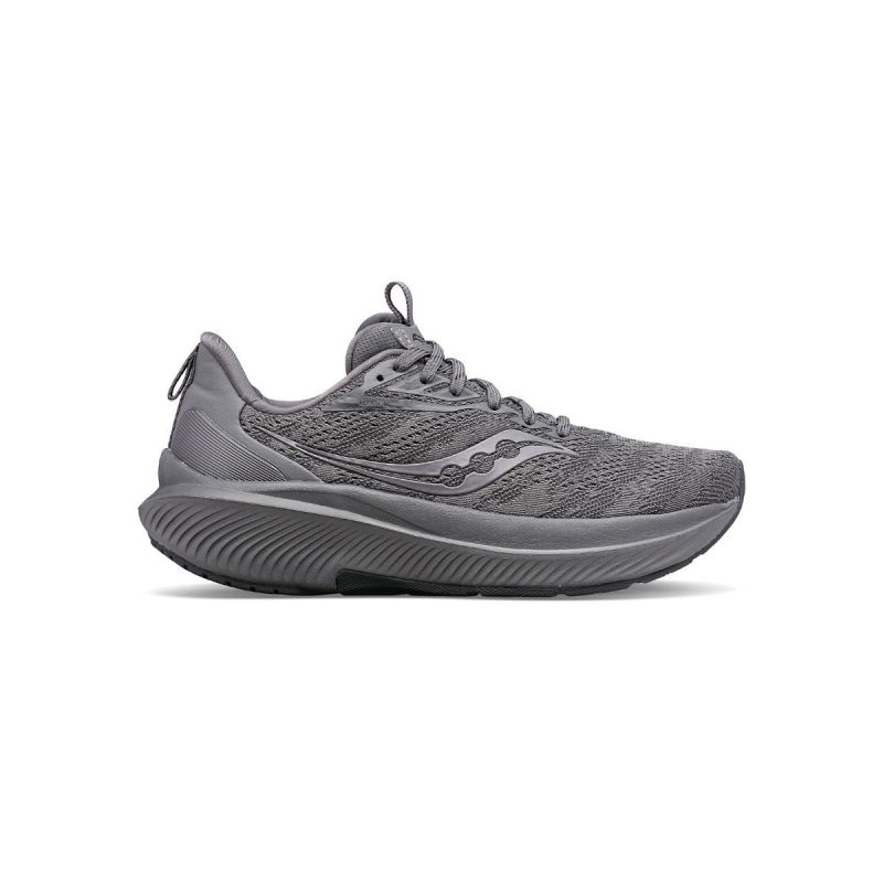 A gray athletic shoe with a mesh upper and wavy treaded sole, featuring max cushioning for ultimate comfort. The Saucony SAUCONY ECHELON 9 ASPHALT - MENS also includes a logo on the side and a pull tab at the heel, making it perfect for those who use orthotics.