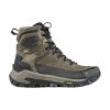 A single brown and black hiking boot with rugged treads. The Oboz BANGTAIL MID BDRY SEDIMENT - MEN'S has lace-up closure, reinforced ankle support, and branding visible on the side and heel. Featuring PrimaLoft BIO insulation for added warmth on cold trails.