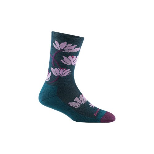 Dark teal sock with a purple heel and toe, featuring a pattern of light pink flowers and stems. Made from Merino Wool, this **Darn Tough DARN TOUGH LILIES CREW SOCKS DARK TEAL - WOMENS** offers superior comfort while being odor resistant.