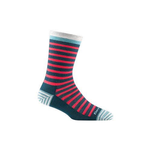 A stylish single "DARN TOUGH MORGAN STRIPE CREW SOCKS DARK TEAL - WOMENS" by Darn Tough featuring horizontal red and blue stripes, a white cuff, blue toe and heel sections, and an additional blue and white stripe pattern on the toe and heel—perfectly versatile for any occasion.