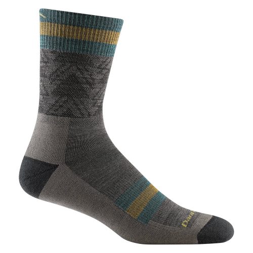 A single gray and black Darn Tough DARN TOUGH SHELTER MICRO CREW SOCK TAUPE - MENS with green and yellow stripes near the top, featuring a black heel and toe, made from premium Merino wool. Comes with a lifetime warranty.