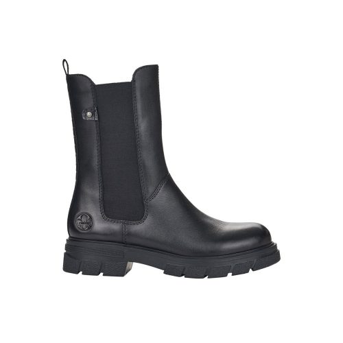 A Rieker RIEKER CHUNKY SOLE MID HEIGHT CHELSEA BLACK - WOMENS with elastic gore side panels, black leather uppers, a pull tab at the back, and a thick rubber sole.