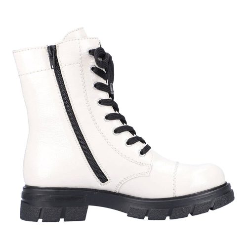 A RIEKER CHUNKY SOLE COMBAT BOOTIE WINTER WHITE PATENT - WOMENS, featuring black zippers and thick black soles, viewed from the side, makes for an ideal addition to any women's fall winter boots collection.