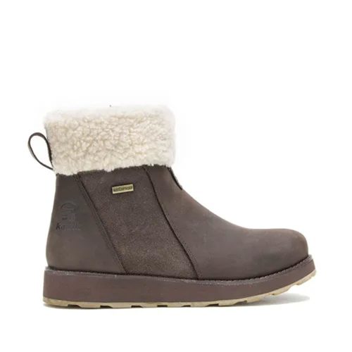 A brown ankle boot with a faux fur lining, side zipper, and pull tab at the back, featuring a rubber sole and HEAT-MX thermal insulation for extra warmth. These Kamik KAMIK ARIEL FUR ZIP DARK BROWN - WOMENS are also waterproof.