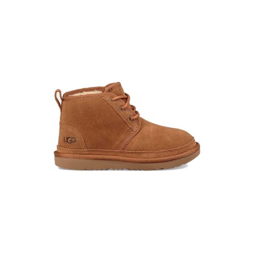 A single brown suede kids chukka boot with laces, a lightweight outsole, and UGGpure wool lining, branded "UGG" on the heel tab. Product Name: UGG NEUMEL II CHESTNUT - KIDS by Brand Name: Ugg.