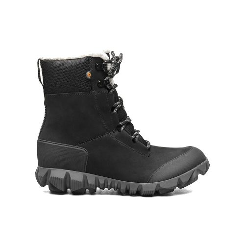 The Bogs BOGS ARCATA LEATHER BLACK - WOMENS is a black, waterproof leather lace-up winter boot with rugged tread, padded ankle, and fleece lining. Featuring slip-resistant outsoles and algae-based footbeds for ultimate comfort and sustainability.