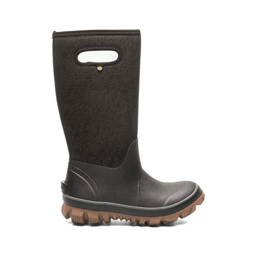 A single BOGS WHITEOUT FADED BLACK - WOMENS boot with a brown sole and a handle at the top, designed to keep your feet dry in the wettest weather, viewed from the side.