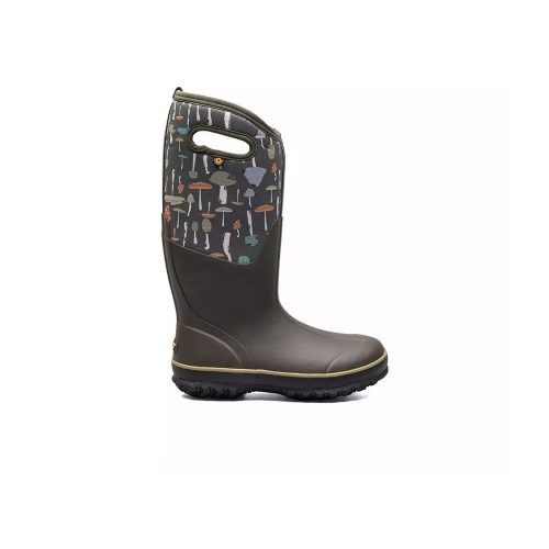 A single BOGS CLASSIC TALL MUSHROOM DARK GREEN MULTI - WOMENS with a patterned cuff featuring various mushrooms, and a cut-out handle, designed to keep your feet warm and dry. This original Bogs boot combines practicality with whimsical design.