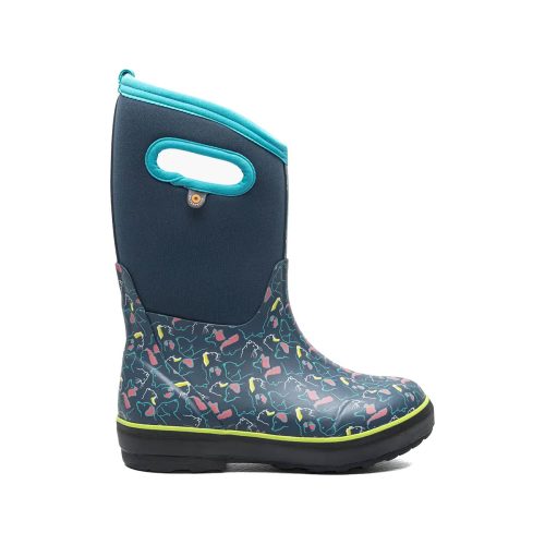 A BOGS CLASSIC II PETS INK BLUE MULTI - KIDS with a multicolored animal pattern, a turquoise top trim, and a built-in handle. The Bogs BOGS CLASSIC II PETS INK BLUE MULTI - KIDS features waterproof insulation to keep little feet dry and warm, making it the perfect winter boot for adventurous kids.