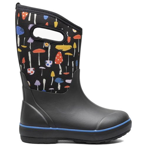 A single Bogs BOGS CLASSIC II MUSHROOMS BLACK MULTI - KIDS rain boot adorned with a colorful mushroom pattern on the upper section, complete with a cut-out handle and waterproof insulation.