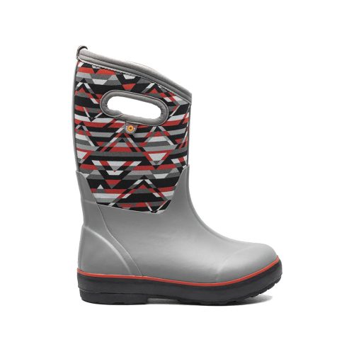 A gray rubber rain boot with a multicolored geometric pattern around the top, a side handle, and waterproof insulation. Perfect for any adventure, the Bogs BOGS CLASSIC II MOUNTAIN GEO GRAY MULTI - KIDS is more than just a winter boot.