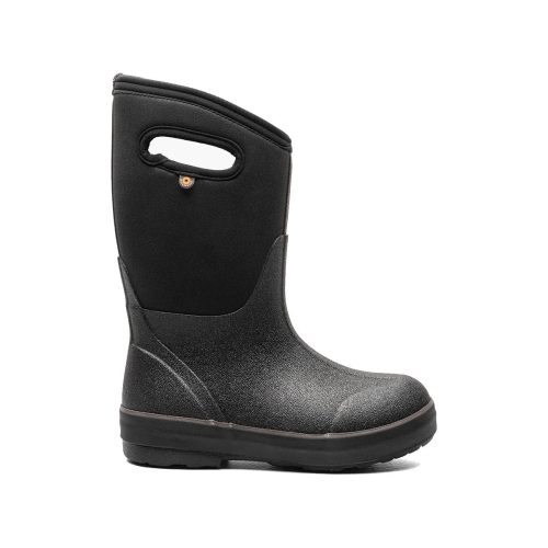 A single BOGS CLASSIC II SOLID BLACK - KIDS with a handle on the side, featuring Neo-Tech insulation for added warmth and comfort by Bogs.