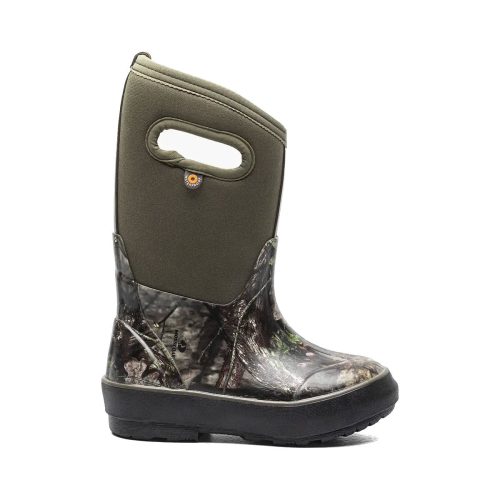 A single BOGS CLASSIC II MOSSY OAK - KIDS from Bogs with a green neoprene upper, black sole featuring a flexible outsole for enhanced traction, and a built-in handle on the side.