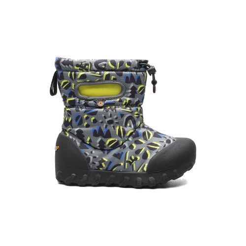 A single Bogs BOGS BMOC SNOW ADVENTURE GRAY MULTI - KIDS with a grey and blue camo pattern, black rubber sole, drawstring closure at the top, and is waterproof for added protection.