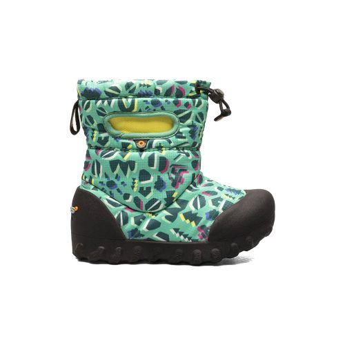 A single green and blue patterned BOGS BMOC SNOW ADVENTURE TURQUOISE MULTI- KIDS boot with a black rubber sole, waterproof material, and a pull-cord closure at the top by Bogs.