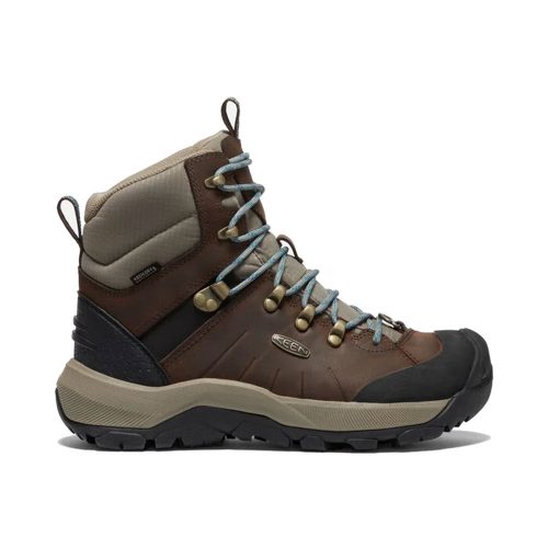 A brown and tan hiking boot with blue laces, exceptional grip, black rubber toe guard, sturdy sole, and insulation designed for outdoor use: the KEEN REVEL IV MID POLAR COFFEE BEAN - WOMENS by Keen.