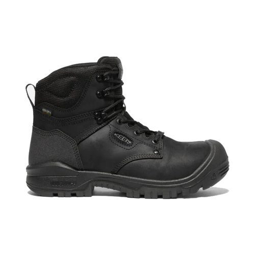 A black lace-up work boot with a rugged KEEN.ToughSole outsole and reinforced toe, designed for durability and protection, the KEEN INDEPENDENCE 6" WP BLACK - MENS by Keen.