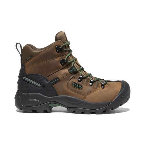 A brown Keen KEEN PITTSBURGH COMP TOE 6" WP CASCADE BROWN - MENS hiking boot with green laces, black rubber sole, and asymmetrical carbon-fiber toes for enhanced protection, designed for outdoor use.