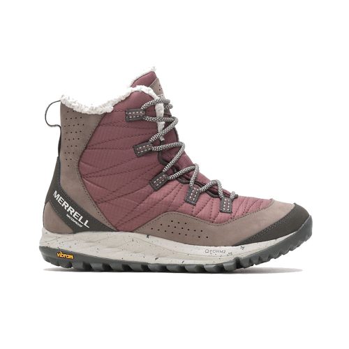 A single, high-top, purple and brown MERRELL ANTORA SNEAKER BOOT MARRON - WOMENS with grey laces, a white Vibram sole, and a faux fur lining at the top offers cold-weather escape and hiker-like durability.