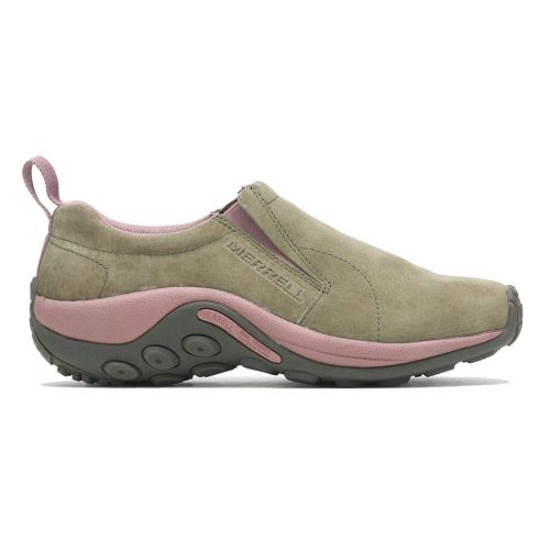 A Merrell JUNGLE MOC OLIVE/BURLWOOD - WOMENS shoe with a suede upper, rubber outsole, Merrell air cushion for added comfort, and pull tab at the heel.