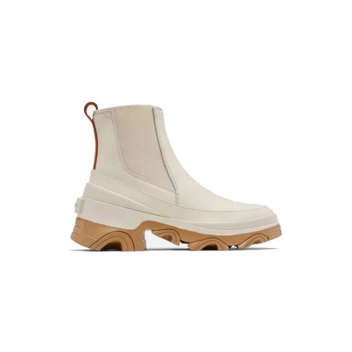 A side view of a beige SOREL BREX BOOT CHELSEA NATURAL - WOMENS with a chunky, brown rubber sole and a pull tab at the back, designed for all-day comfort by Sorel.