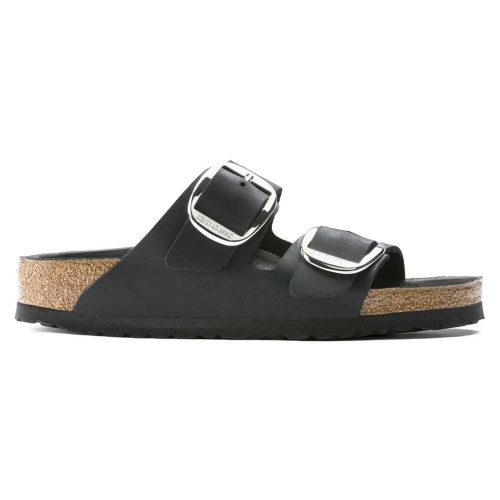 The BIRKENSTOCK ARIZONA BIG BUCKLE BLACK OILED - WOMENS by Birkenstock features two adjustable metallic buckles on the upper part crafted from oiled nubuck leather, complemented by a comfortable cork footbed.