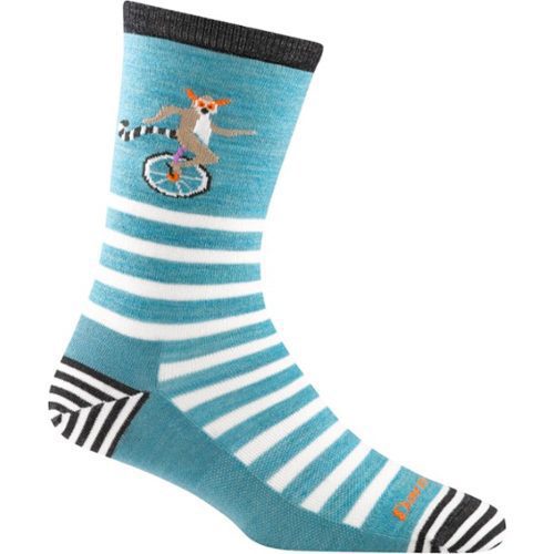 A blue and white striped DARN TOUGH ANIMAL HAUS HERB CREW SOCKS with a black cuff and toe, featuring a cartoon image of a raccoon riding a bicycle, perfect for daily wear by Darn Tough.