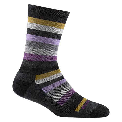 DARN TOUGH PHAT WITCH CREW SOCKS GREY featuring horizontal stripes in various colors, including gray, white, purple, and gold. Made from cozy Merino Wool for added comfort by Darn Tough.