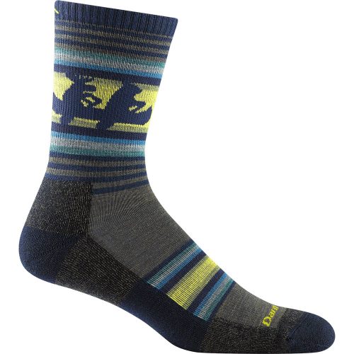 A single dark blue and grey Darn Tough DARN TOUGH WILLOUGHBY CREW SOCKS FOREST - MENS with yellow and blue stripes and a design near the cuff.