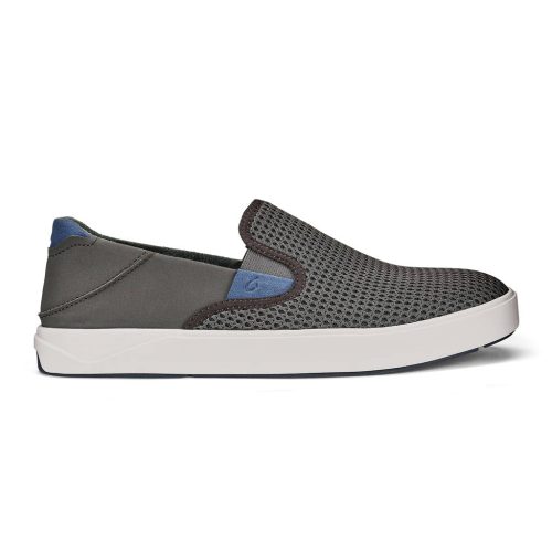 An OLUKIA LAEAHI SLIP ON PAVEMENT - MENS by Olukai, a grey slip-on beach sneaker with a white sole, featuring a mesh upper and a blue accent on the heel. The shoe is perfect for seaside adventures and comes with a washable insole for easy maintenance.