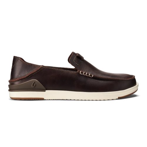 Premium brown leather OLUKAI KAKAHA SLIP ON DARK JAVA/DARK JAVA - MENS with a white rubber sole and small Olukai logo on the heel, perfect for casual style.