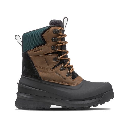 The North Face NORTHFACE CHILKAT V TOASTED BROWN MENS are perfect for cold winter adventures, featuring a sturdy snow boot design with brown leather upper, green fabric ankle, and black waterproof lower section. The lace-up front and thick treaded sole ensure durability, while the Heatseeker™ Eco insulation keeps your feet warm.