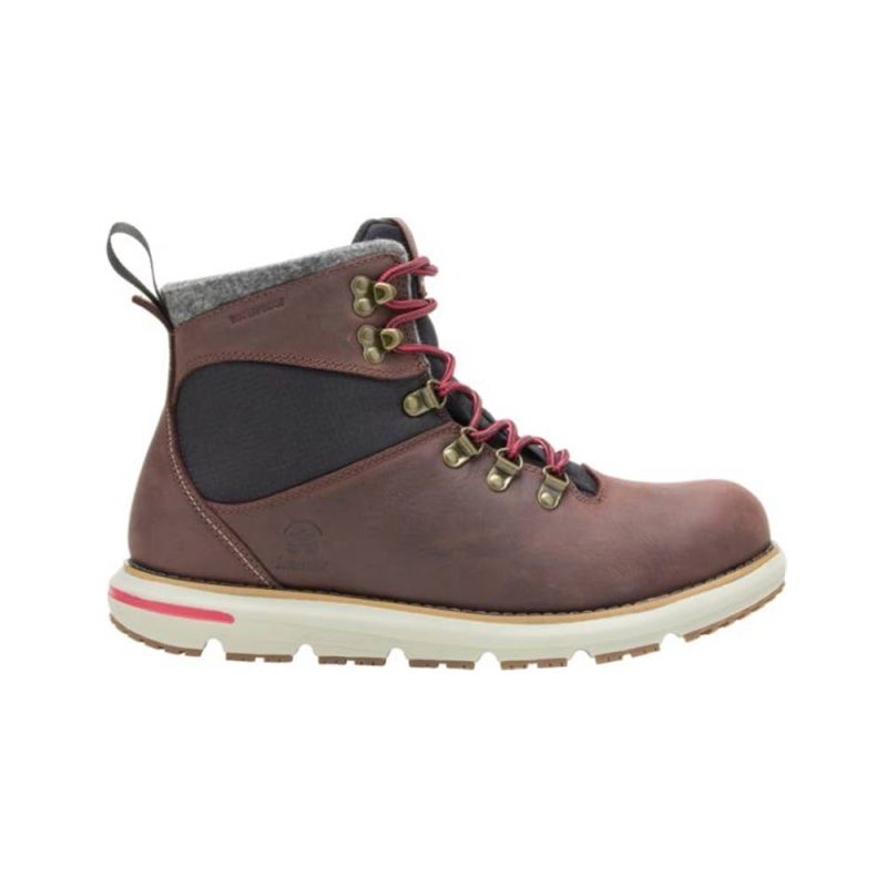 A single men's boot, the KAMIK BRODY BROWN - MENS from Kamik, made of eco-friendly brown leather with red laces, black ankle support, and a white sole featuring minor red detailing, viewed from the side.