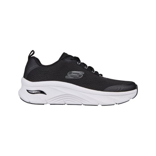 Black athletic shoe with white sole, SKECHERSARCH FIT D'LUX BLACK/WHITE - MENS logo on the side, lace-up design, engineered mesh upper, and air-cooled arch support for all-day comfort.