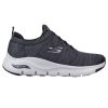 A single gray athletic shoe with black laces, white sole, and the Skechers "S" logo on the side, featuring a removable Arch Fit insole for all-day comfort, specifically the SKECHERS ARCH FIT WAVEPORT CHARCOAL - MENS by Skechers.