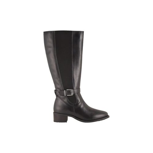 A single black David Tate knee-high boot with a low heel, side buckle, elastic panel, and a full length side zipper made from waterproof leather. The product name is DAVID TATE ALLEGRIA EXTENDED CALF - WOMENS.