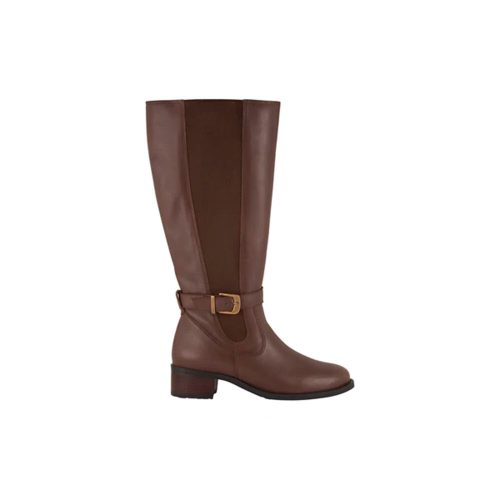 A single David Tate knee-high DAVID TATE ALLEGRIA EXTENDED CALF BROWN - WOMENS leather boot with a low heel, side buckle, and full-length side zipper.