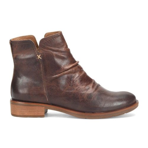 A brown leather ankle boot with a flat heel, subtle ruching on the upper, and a small decorative X-shaped stitch on the side, this Sofft SOFFT BECKIE COGNAC - WOMENS artisan leather bootie also features a soft microfiber lining for added comfort.