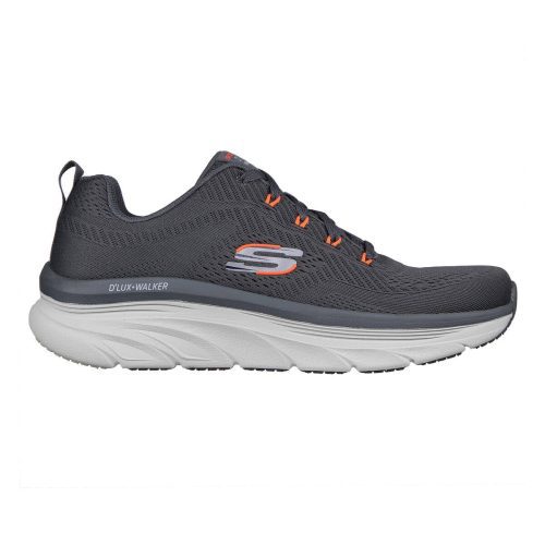 Side view of a gray athletic shoe with orange accents and white sole, featuring the text "SKECHERS D'LUX WALKER CHARCOAL/ORANGE - MENS" on the side. This Skechers walking shoe includes Air-Cooled Memory Foam for added comfort.