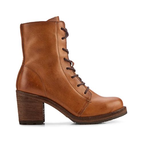 Side view of a buttery leather combat boot with a chunky stacked heel, traction rubber insets for slip-free stepping, and a round toe. The boot is the FRYE KAREN COMBAT CARAMEL - WOMENS by Frye.